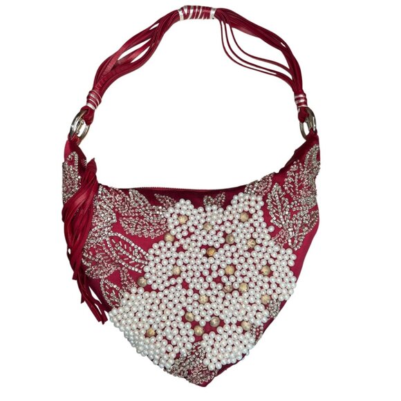 CESARE PACIOTTI HANDCRAFTED SILK BEADED EVENING BAG PURSE ITALIAN WOMENS RED - Picture 1 of 9